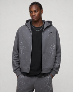 Sudadera con capucha gris de peso pesado para hombre con cremallera, detalles minimalistas de pedrería, estilo oversize, de algodón polar, fabricación personalizada - Product Image 5