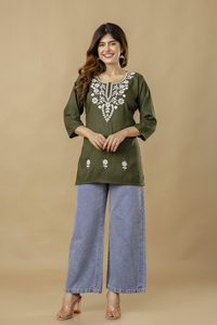 <b>Women's</b> Olive Green Cotton <b>Kurta</b> With White Embroidery 3/4 Sleeve Traditional Casual Wear Midi Length Regular Fit - Product Image 5
