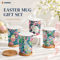 Tasse en céramique Lapin de Pâques avec couvercle, imprimé floral, logo personnalisé, OEM ODM, marque privée, vente en gros, saisonnier, cadeau de détail, ensemble de vaisselle