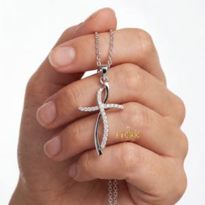 Collier pendentif croix de luxe moderne en argent sterling 925 Zyorio Jewels pour femmes, plaqué or rose, diamant, mariage - Product Image 1