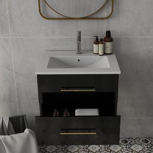 24-Inch Wall Mounted <b>Bathroom</b> <b>Vanity</b> with Double Drawers Easy-to-Assemble Ceramic Basin & Long Handle Gold Metal Sink Combo - Product Image 6