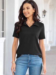 Polo à manches courtes pour femme, couleur unie noire, décontracté, tricoté, respirant, en polyester - Product Image 4