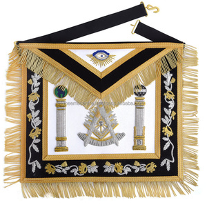 Tablier de régulation Master Mason Past Master Blue Lodge California-Bullion brodé à la main noir et or avec piliers - Product Image 1