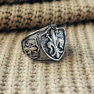 Nuevo Anillo de Latón con Sello de Flor de Lis, Anillo Gótico Plateado Oxidado para Hombre, Anillo Tribal con Escudo para Venta al por Mayor/OEM/ODM - Product Image 4