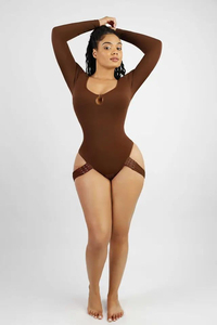 Women One Piece Bodysuit Scoop Neck Hollow Out Thong Bottom Spandex Polyester Seamless Knitted Plus Size Solid Color Stretch - Product Image 2