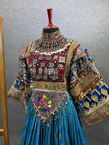Afghan Traditional Blue Kuchi <b>Dress</b> Hand-Embroidered with Mirror Work Bell Sleeve Maxi Bohemian Style Formal Wear - Product Image 6