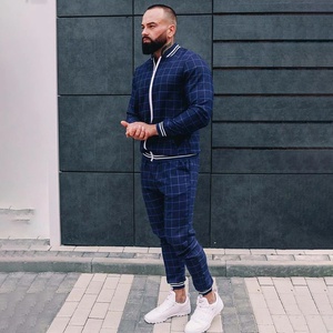 Factory Custom Men's Check Print Sublimated Bomber <b>Jacket</b> Tracksuit Zip Enclosure Ribbed Hem & Cuffs Stripe Zipper Sweat Suit - Product Image 5