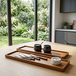 Ensemble d'ustensiles de cuisine en bois de teck massif de qualité alimentaire, plateau à bords naturels, plat en bois artisanal, plateau de service long naturel artisanal balinais - Product Image 2