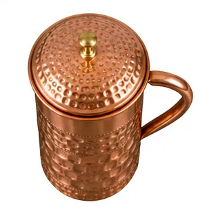 Mug en cuivre martelé avec couvercle, design vintage, motif alvéolé, vaisselle, récipient ayurvédique antique pour le bien-être, vaisselle de luxe - Product Image 1