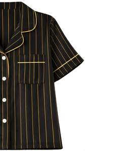 Ensemble pyjama femme rayé noir et or, manches courtes, boutonné, en satin, deux pièces, short de nuit, ensemble de vêtements de détente - Product Image 4