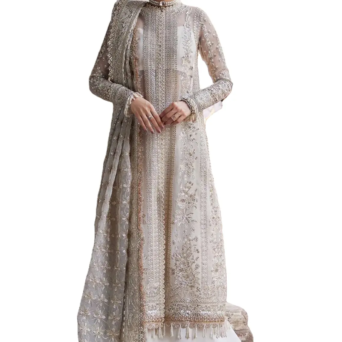 elegantes 2024 estilos - vestidos femininos premium do Paquistão e da Índia. Roupas de festa chiques com bordados complicados.