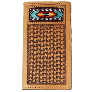 Elegant <b>Brown</b> Genuine Leather Bohemian Everyday <b>Wallet</b> Handcrafted Beaded Tooled Floral Design Zipper Closure Durable Western - Product Image 3