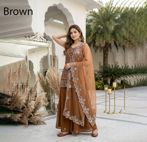 Traje Salwar Kameez Sharara de Georgette Rojo para Mujer al por Mayor con Dupatta de Organza y Adornos de Moti, Reversible, para Bodas de Invierno y Fiestas, Personalizable - Product Image 1