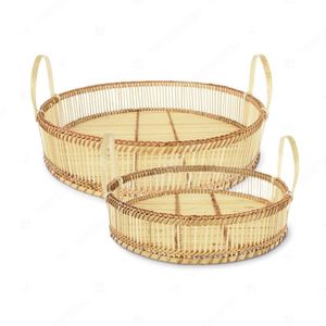 Plateaux de service et de rangement THE PALISADE en bambou et rotin avec poignées en cuir - Product Image 5