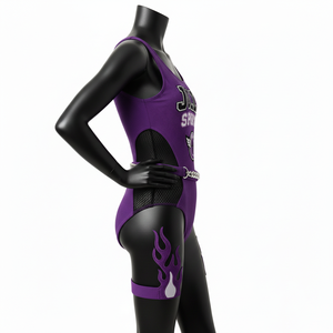 Ensemble de bain luxueux en polyester et élasthanne, tissu extensible doux, violet avec empiècements en mesh, logo personnalisé, pour femme. - Product Image 4