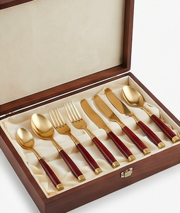 Gold Plated Cutlery <b>Set</b> With Red <b>Wood</b> Handles <b>Spoon</b> Fork Knife Minimalist Design Durable Flatware For Wedding Dining - Product Image 6