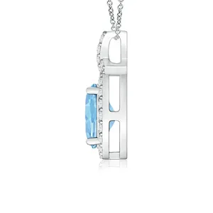 Pendentif en or 14 carats 3,35 g avec aquamarine naturelle ovale 6*4 mm, design nœud papillon, halo de diamants, bijoux fins classiques, cadeau d'anniversaire, OEM - Product Image 2