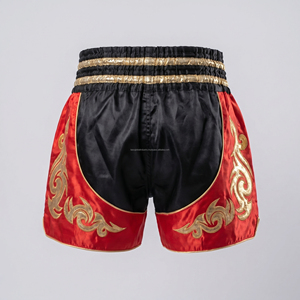 Custom Black Red Men Muay Thai Shorts Metallic Gold <b>Applique</b> Patches Kickboxing Trunks Wholesale Custom Logo MMA Fighting Shorts - Product Image 2