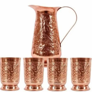 Juego de jarras de cobre para hidratación de lujo inspirado en la artesanía, juego de metal con vasos, duradero, reutilizable, para cocina, comedor y bebidas. - Product Image 1