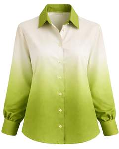 เสื้อเชิ้ตผู้หญิงแขนยาวสีขาวไล่เฉดเขียวมะนาวแบบกระดุมหน้า สไตล์ลำลองสำหรับใส่ทำงาน ผู้ผลิตเสื้อผ้าแบบ OEM สั่งทำได้ - Product Image 1