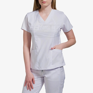 Blouse de travail pour femmes, col en V, coton et polyester blanc, uniforme d'hôpital avec poches pour le personnel médical - Product Image 2