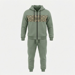 Men's Green Hooded <b>Tracksuit</b> Full Zip Geometric Pattern Casual Sportswear Set With Side Pockets Autumn Wear - Product Image 1