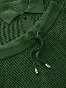 Men's Green <b>Waffle</b> Knit Polo <b>Shirt</b> and Shorts Set Solid Color Casual Summer Wear Breathable Cotton Fabric - Product Image 4