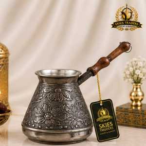 Custom Enamel White Floral Pattern <b>Turkish</b> <b>Coffee</b> <b>Pot</b> With Lid Light Wooden Handle Printed Brass Cezve <b>Pot</b> Wholesale Bulk - Product Image 2