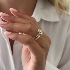 <b>UNIQUE</b> 3 Carat Cushion Lab Grown Diamond Half Bezel Flush Fit Bridal Set, Yellow Gold Dainty <b>Engagement</b> <b>Ring</b> Set, IGI Certified - Product Image 4