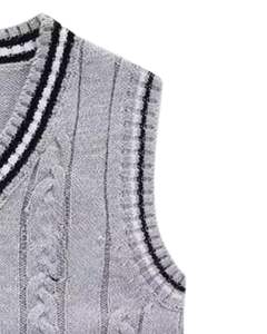 Chaleco de Punto Gris con Ribete Negro, Manga Regular, 100% Algodón, con Patrón de Letras, Cuello en V, Suave y Cálido, para Invierno - Product Image 5