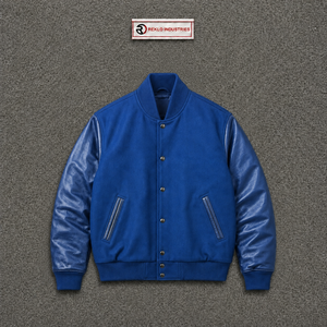 Blouson Bomber Bleu Premium Style Varsity avec Manches en PU Col Rabattu Coupe Droite Décontractée Idéal pour l'Automne - Product Image 5