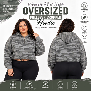 Sweat-shirt court à capuche imprimé camouflage pour femme, grande taille, avec demi-fermeture éclair, 100% French Terry, haut court à capuche imprimé pour femme - Product Image 1