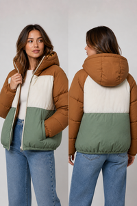 Veste d'hiver matelassée pour femme, personnalisable, à capuche, épaisse, chaude, en duvet, bicolore, vente en gros - Product Image 5