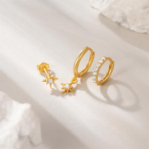 Juego de pendientes asimétricos con forma de estrella, aro CZ, colgantes, oro, plata, S925 - Product Image 1