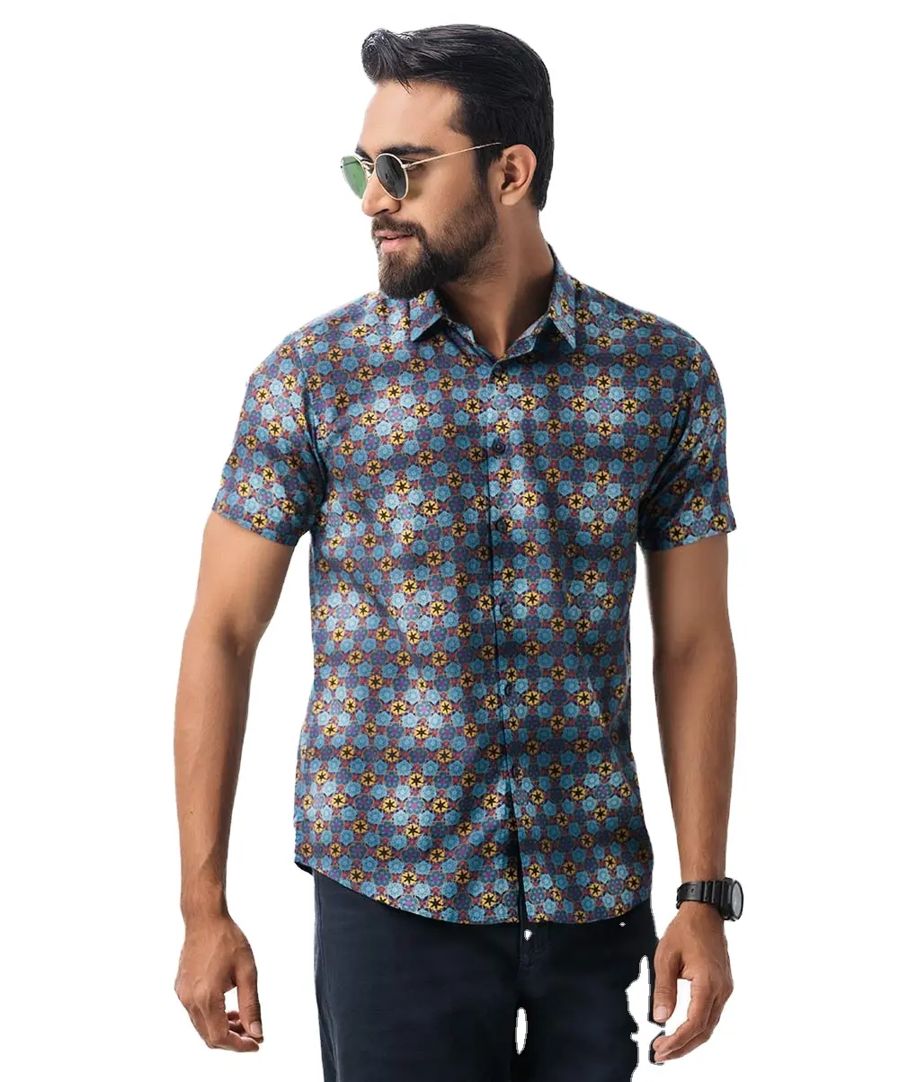 Grosir kaus formal lengan pendek model kotak-kotak warna-warni pria katun 100% kustom kemeja celup benang Premium dari Bangladesh