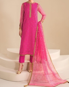 Ensemble Kurta, pantalon et dupatta brodés rose fuchsia pour femmes, costume traditionnel indien pakistanais, longueur genou - Product Image 1
