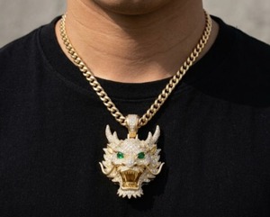18K Gold <b>Iced</b> <b>Out</b> Dragon Pendant Diamond Pave Emerald Eyes Cuban <b>Chain</b> Lab Grown Custom - Product Image 2