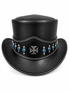 Chapeau haut de forme en daim noir fait main avec clous turquoise, style western cowboy steampunk, écologique, logo personnalisé, unisexe, pour fêtes et occasions décontractées, mode - Product Image 1