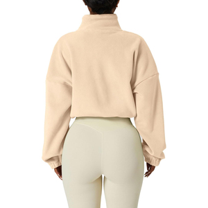 Sudadera corta de forro polar beige para mujer, cuello alto, hombros caídos, manga larga, estilo oversize, para otoño, color liso, con cremallera frontal, OEM - Product Image 2