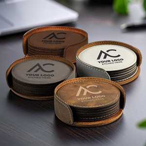 Premium Genuine Leather Coasters for Executive <b>Desk</b> Luxury <b>Table</b> Mat Custom Logo Round Cowhide Cup Pad Set GLC-0144 - Product Image 1