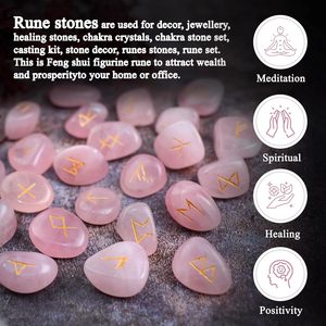 Ensemble de pierres runiques en quartz rose, 25 pièces gravées avec des symboles dorés, polies, forme libre, faites à la main pour la pratique du Reiki - Product Image 3