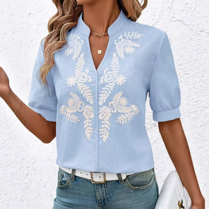 Blusa de Algodón para Mujer, Estilo Retro, Cuello en V, Bordado Floral, Paisley, Elegante, Manga Fruncida, Venta al Por Mayor - Product Image 4