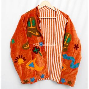 Suzani Embroidery Handmade Floral <b>Velvet</b> Eco-Friendly Breathable Women's <b>Quilted</b> Jacket Cotton Lining Mandarin - Product Image 3