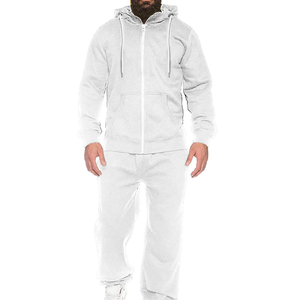Ensemble de survêtement polaire blanc uni à capuche et fermeture éclair pour homme, grande taille, manches longues, décontracté, pantalon et veste en coton, coupe régulière, pour l'hiver - Product Image 1