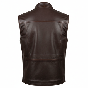Gilet de motard en cuir véritable pour homme, marron foncé, double couture, fermeture éclair sur le devant avec poches zippées sur la poitrine, vente directe d'usine - Product Image 2