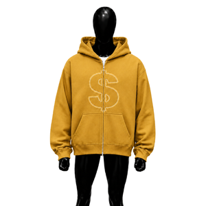 Sudadera con capucha extragrande dorada con cremallera y logo de signo de dólar, diseño gráfico de streetwear personalizado, unisex, ropa casual, oferta de moda - Product Image 1