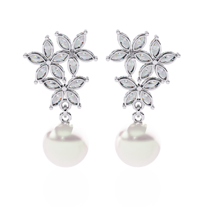 Boucles d'oreilles romantiques en forme de fleur avec moissanite marquise et perle d'eau douce en argent 925 pour femmes, bijoux de mariage - Product Image 2