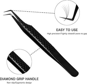 Pinces à cils pour extensions de cils, pointe en fibre, prise diamantée, pinces à 90 degrés pour extensions de cils, précision professionnelle, noires - Product Image 1