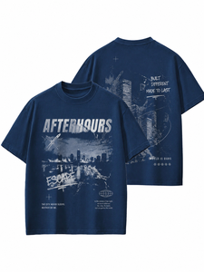 เสื้อยืดคอกลมแขนสั้นสีน้ำเงินเข้มพิมพ์ลายโลโก้ Afterhours Escape สำหรับผู้ชาย ทรงพอดีตัว ผ้าฝ้ายเจอร์ซีย์ระบายอากาศได้ดี สวมใส่สบาย - Product Image 1