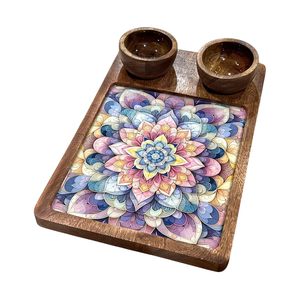 Mango Wood Serving Platter with 2 Bowls | Handmade Wooden Snack Tray | Appetizer Serving Plate | Party Food Serving Tray Decor - Product Image 1
